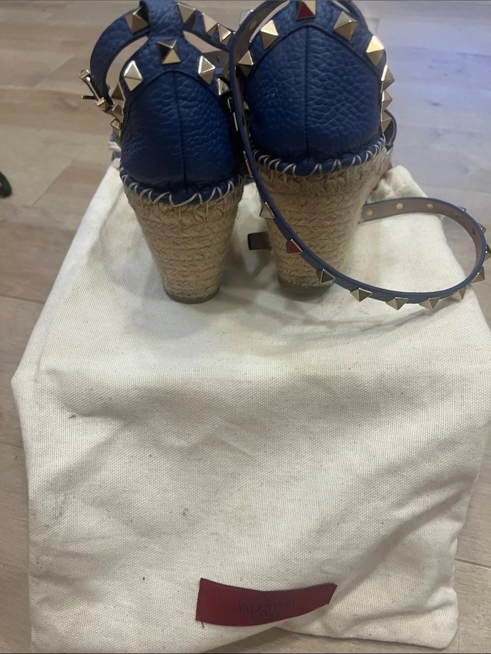 Valentino Blue Leather Studded Ankle-Strap Espadrilles with box and dust bag